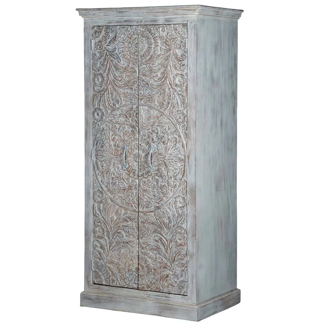 Maadze Shabby Chic White Carved Wardrobe