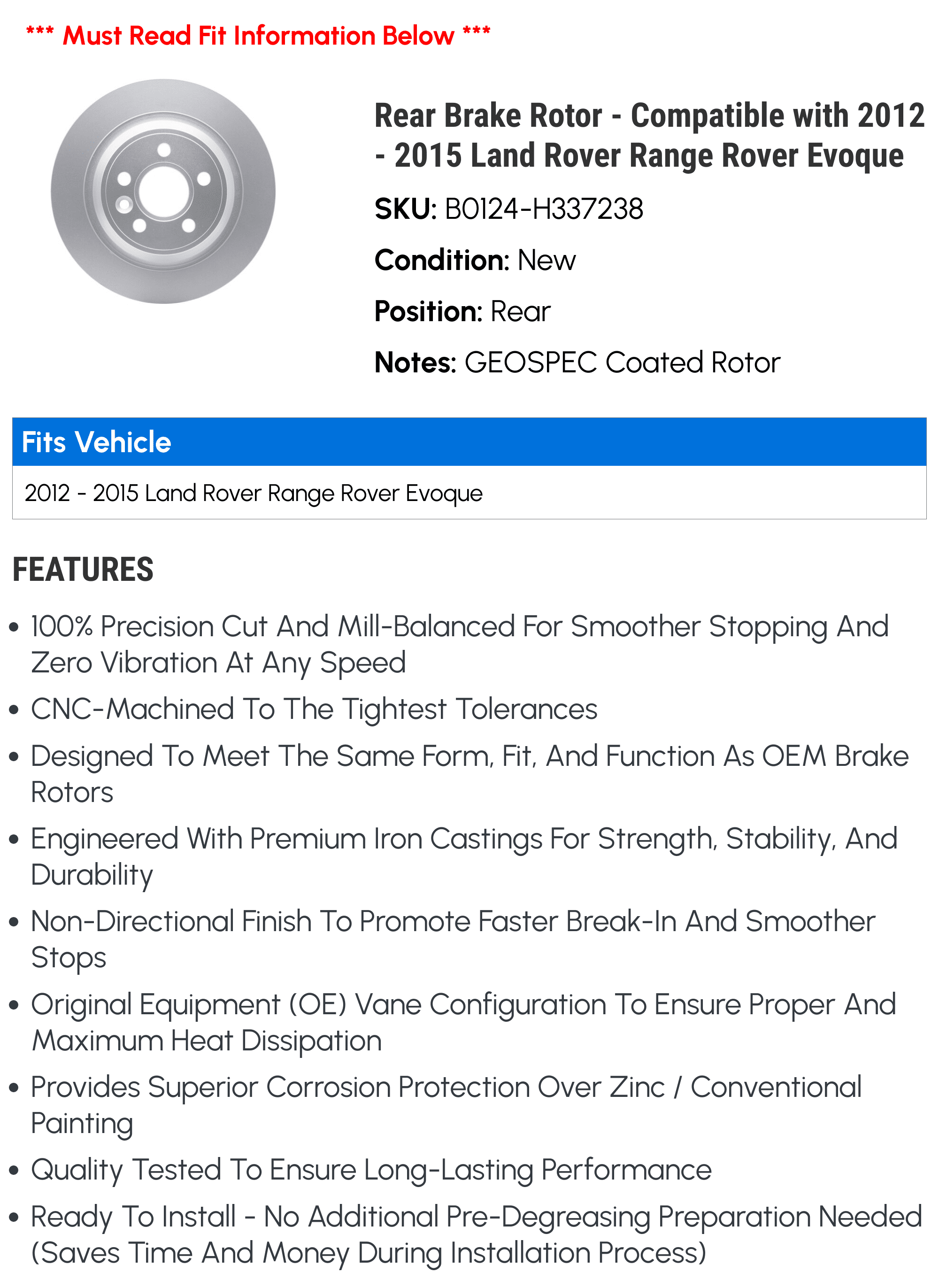 Rear Brake Rotor - Compatible with 2012 - 2015 Land Rover Range Rover Evoque 2013 2014