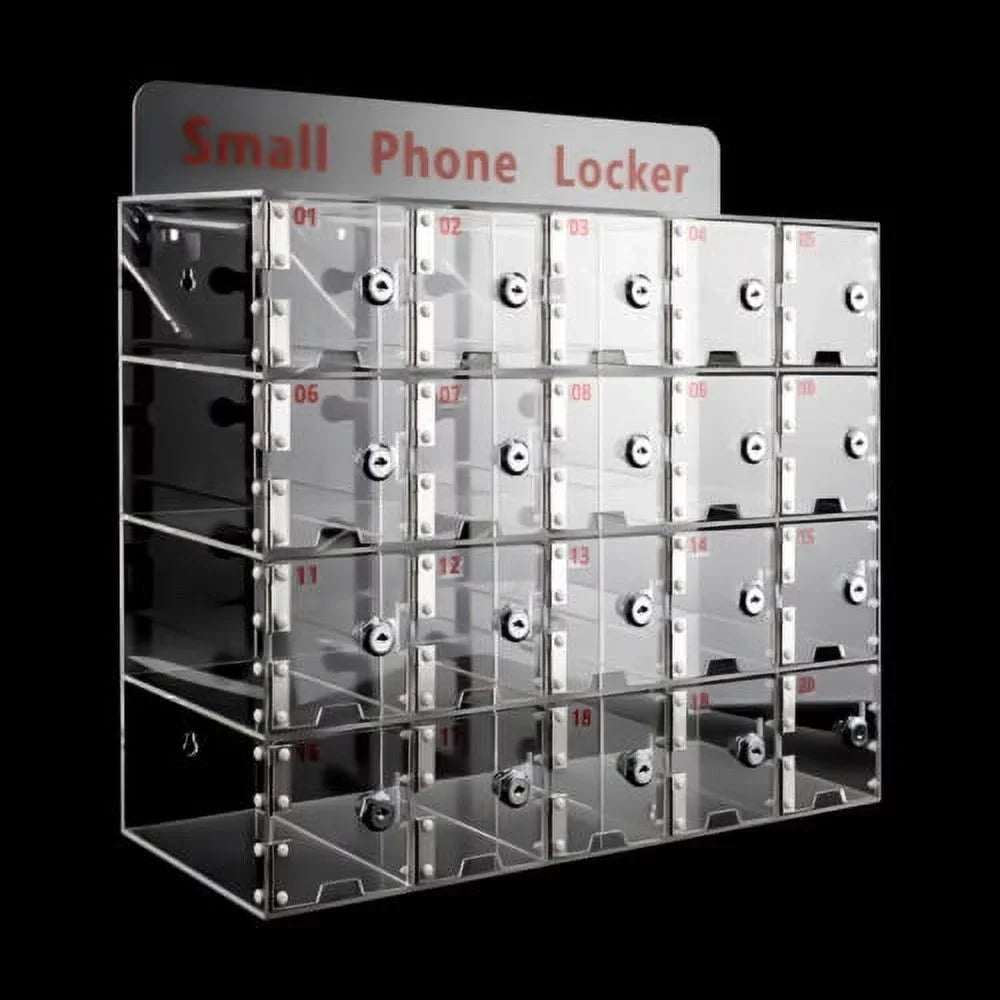 20 Slots Thickened Acrylic Cellphone Locker Clear Cell Phone Storage Box w/ Keys
