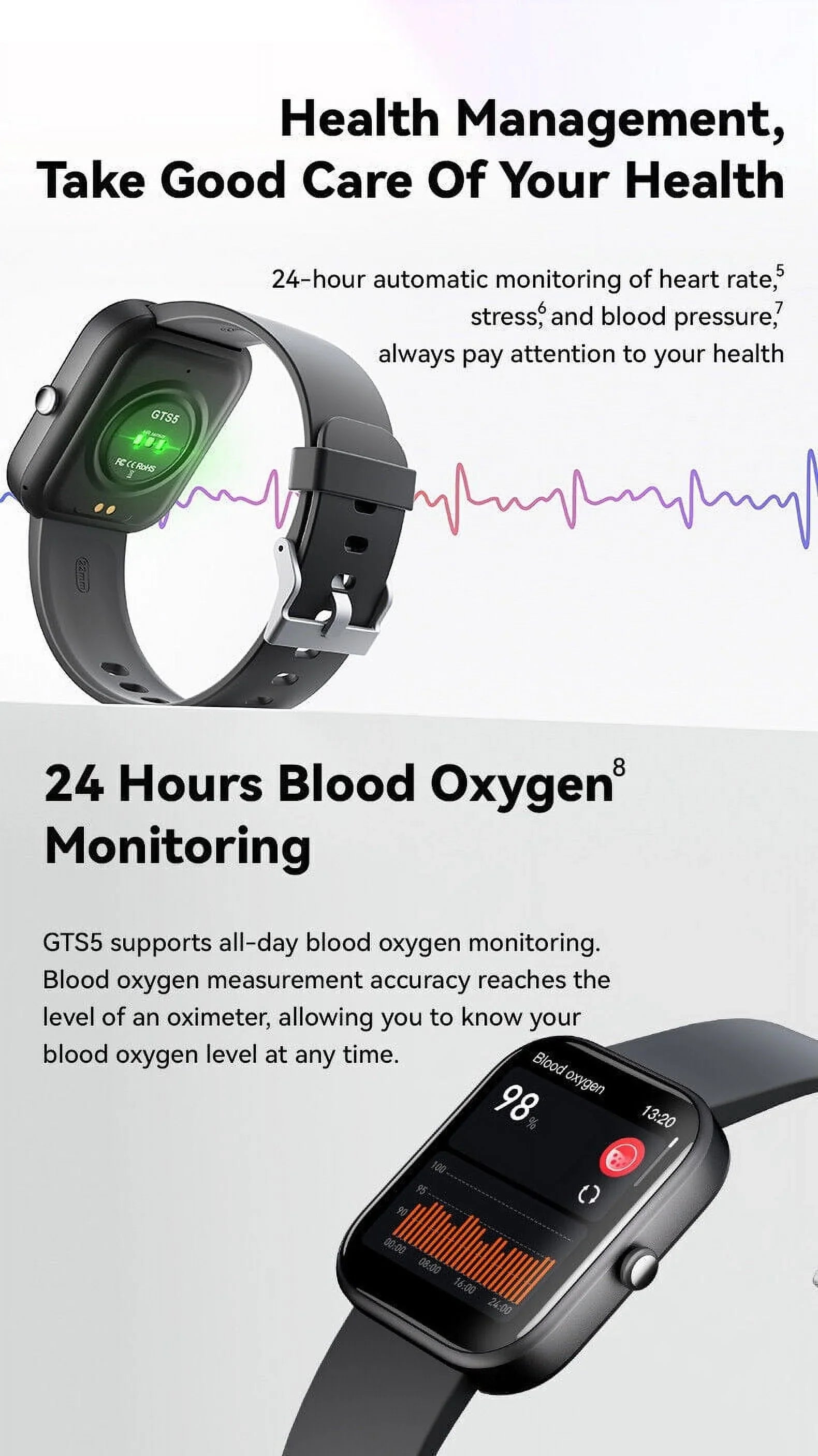 GTS5 Smart Watch Blood Pressure Fitness Tracker Women Men for Android and iOS Black
