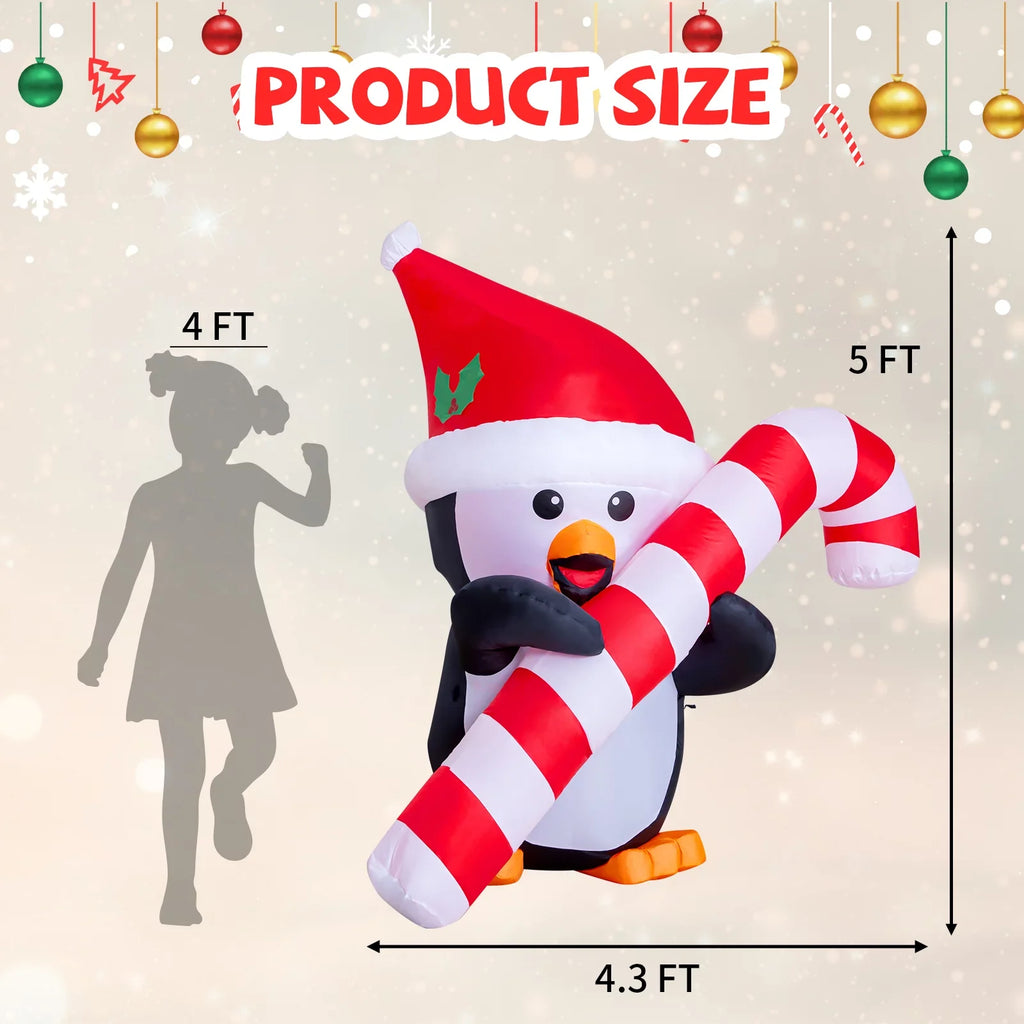 GOOSH 5ft Christmas InfLatitudeables Outdoor Decorations, Blow Up Penguin with Candy Cane InfLatitudeable Built-in LEDs for Christmas Indoor Outdoor Yard Lawn Garden Decorations