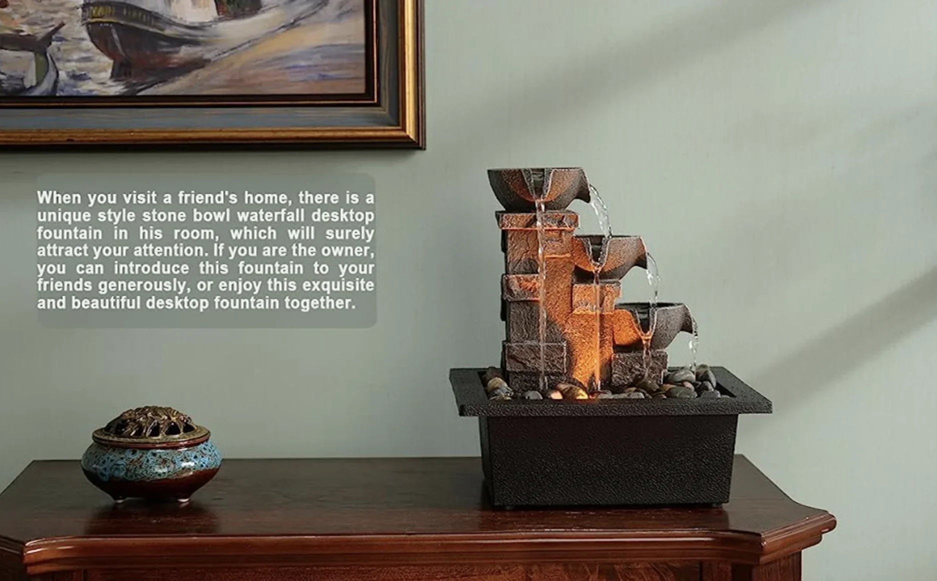 GOSSI Home Décor Imitation 3-Tier Stone Wall Tabletop Fountain Many Natural River Rock Office Relaxing Waterfall Meditation Tabletop Fountain LED Lights Fountain(22070)
