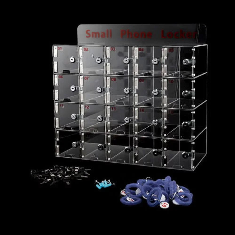 20 Slots Thickened Acrylic Cellphone Locker Clear Cell Phone Storage Box w/ Keys