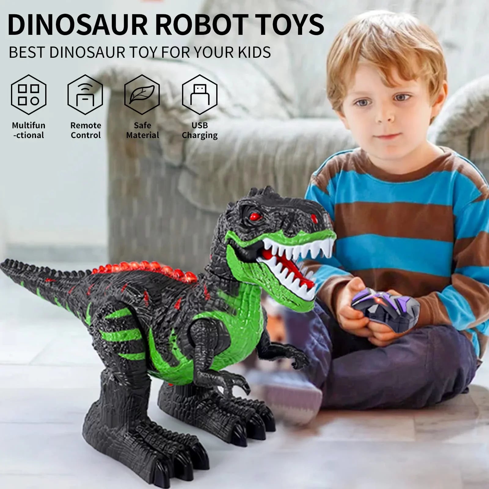 UUGEE Remote Control Dinosaur Toys for Boys Girls 2.4G RC Robot T-rex with Light Sound, Black