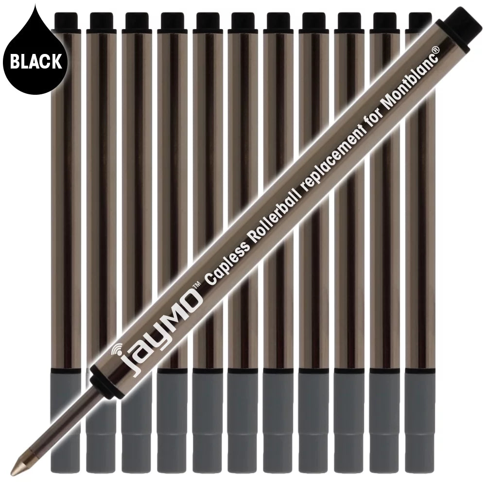 Jaymo Replacement for Montblanc 113777 - Measures 3.84 in / 97 mm Long - Capless Rollerball Pen Refill - 12 Black