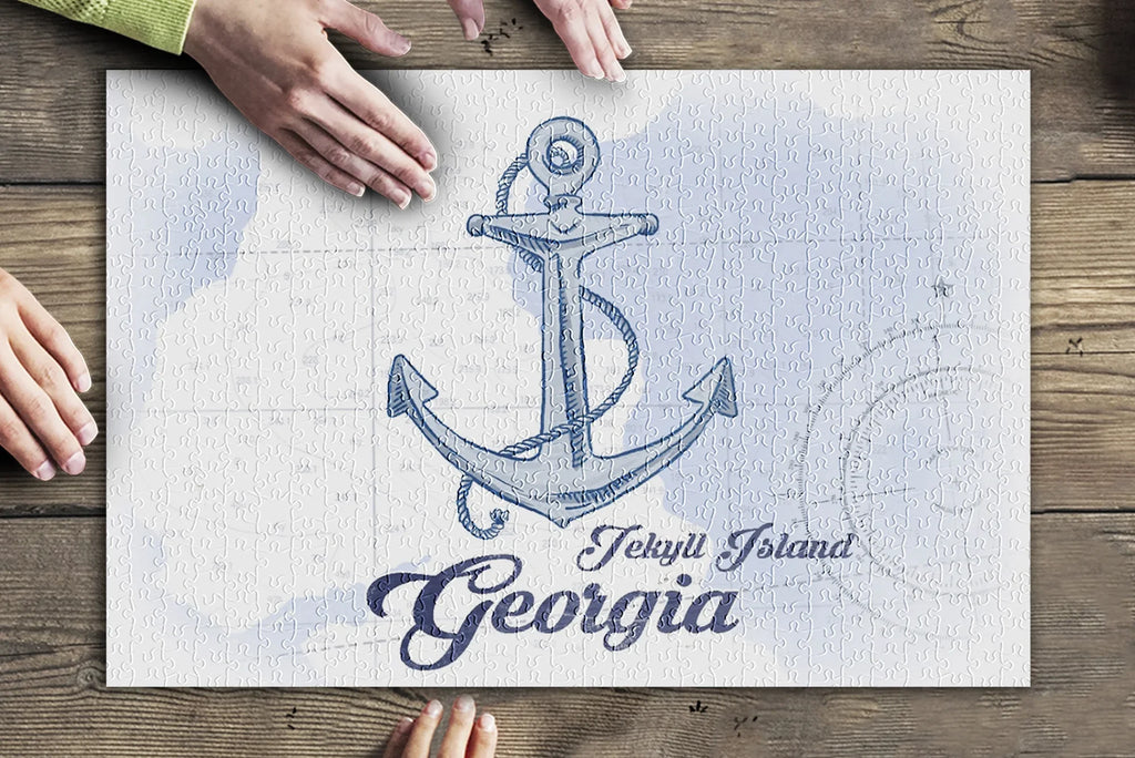 Jekyll Island, Georgia, Anchor, Blue, Coastal Icon (19x27 inches, Premium 500 Piece Jigsaw Puzzle for Adults and Family, Made in USA)
