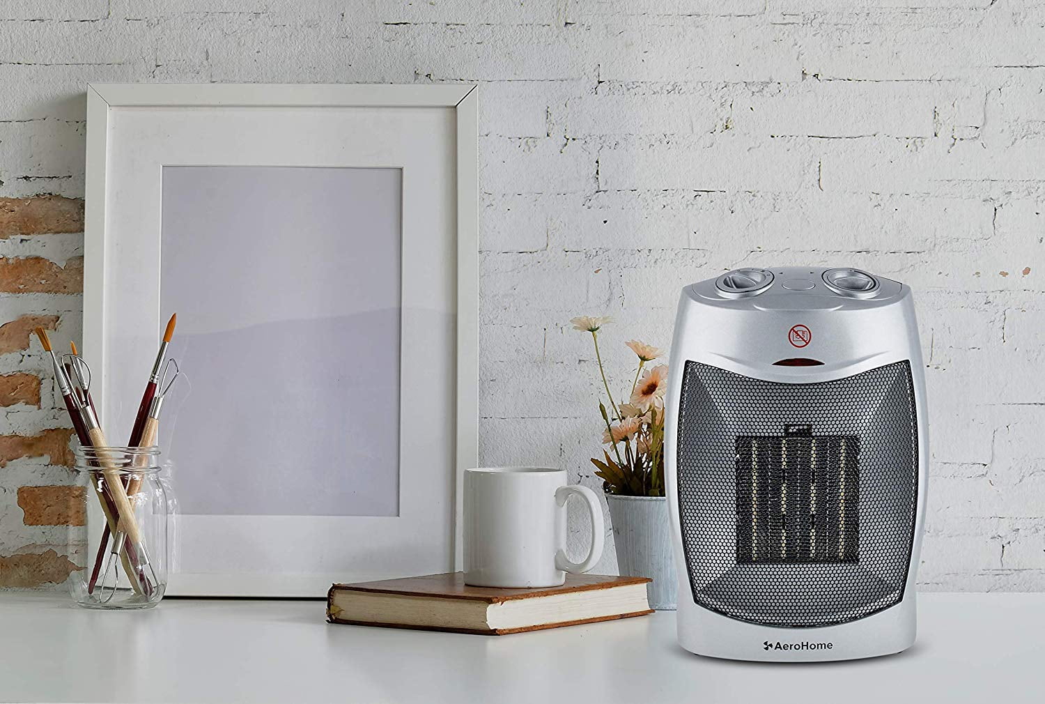 AeroHome 1500W Personal Electric Ceramic Space Heater with Adjustable Thermostat, Silver