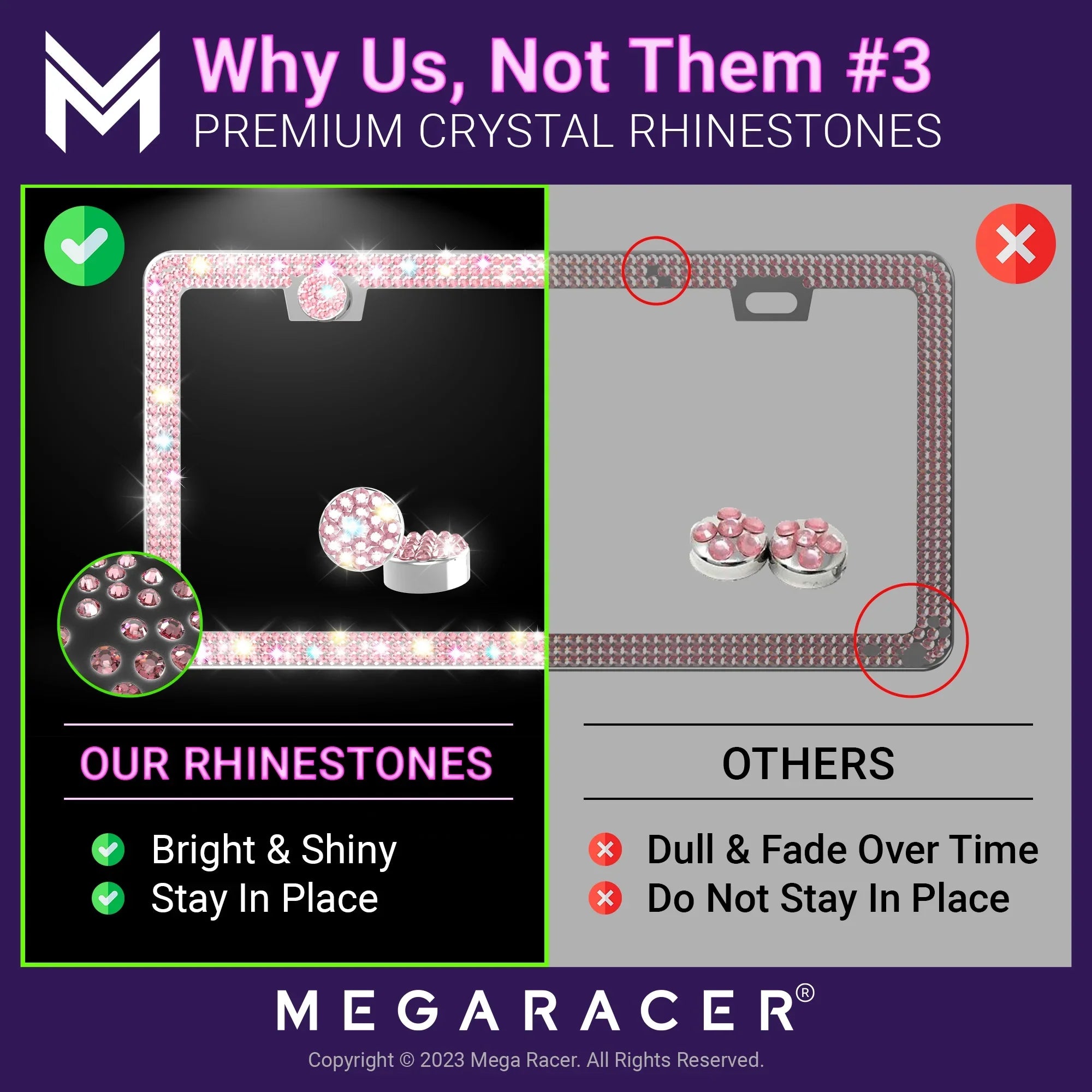 Mega Racer Nissan Rogue Bling License PLatitudee Frames Diamond Pink Rhinestones, 2 Holes with Mounting Screws, Nissan Rogue 2008 - 2023 08 - 23 Sparkly Car License PLatitudee Frame