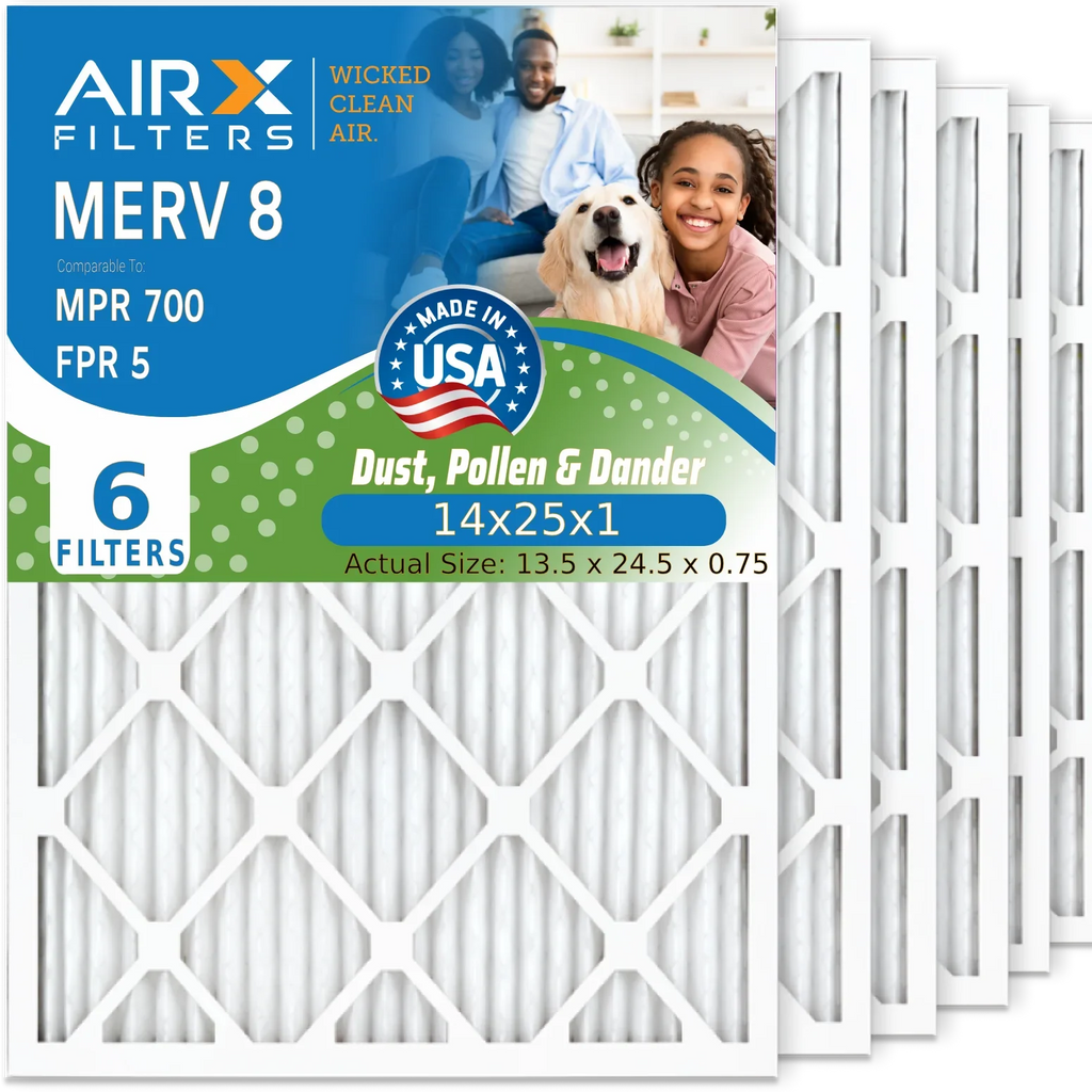 14x25x1 Air Filter MERV 8 Comparable to MPR 700 & FPR 5 Electrostatic Pleated Air Conditioner Filter 6 Pack HVAC AC Premium USA Made 14x25x1 Furnace Filters by AIRX FILTERS WICKED CLEAN AIR.