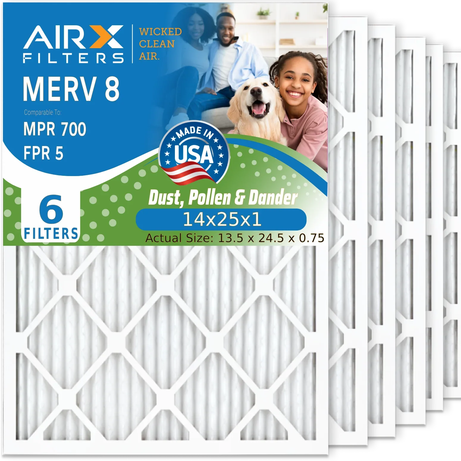 14x25x1 Air Filter MERV 8 Comparable to MPR 700 & FPR 5 Electrostatic Pleated Air Conditioner Filter 6 Pack HVAC AC Premium USA Made 14x25x1 Furnace Filters by AIRX FILTERS WICKED CLEAN AIR.