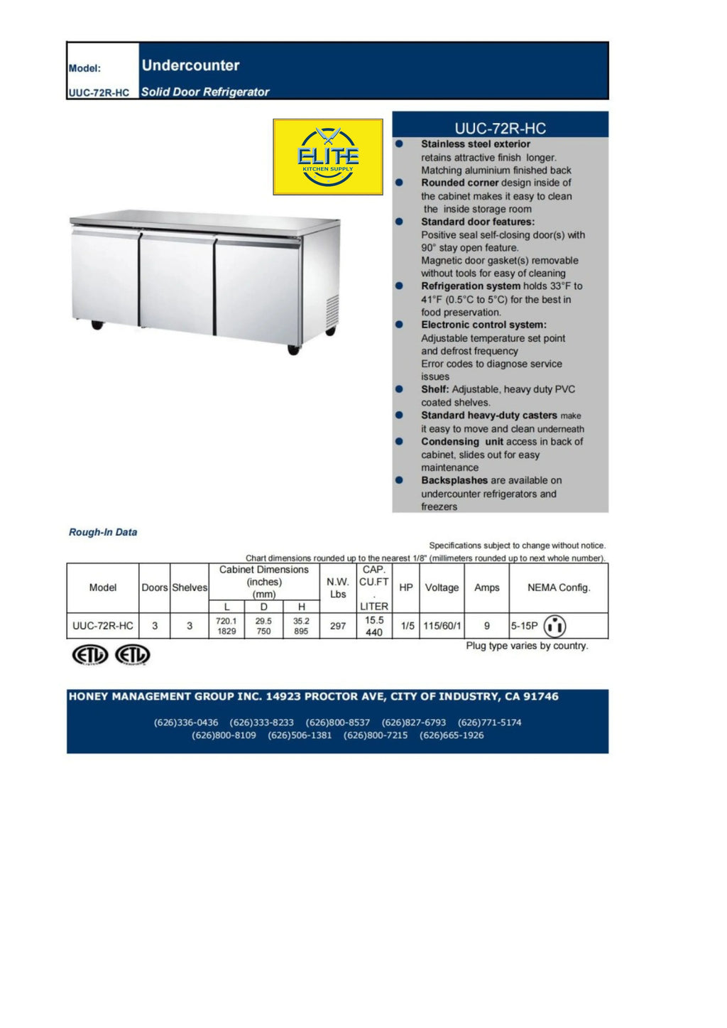 72 ins Commercial Three Door Undercounter Stainless Steel Refrigerator 15.5 Cu. ft.