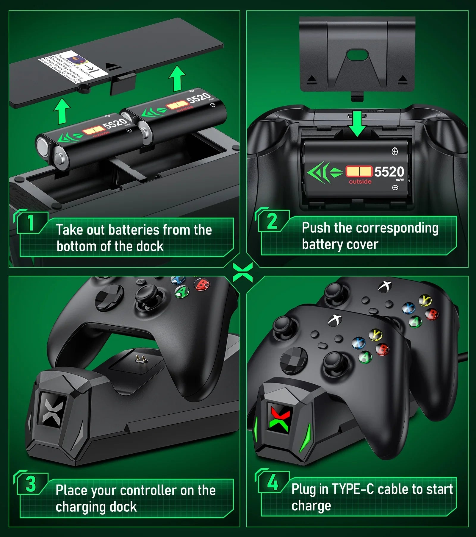 Beboncool Xbox Charger Station with 4 x 5220mWh Rechargeable Battery Pack for Xbox Series X Controller,Black
