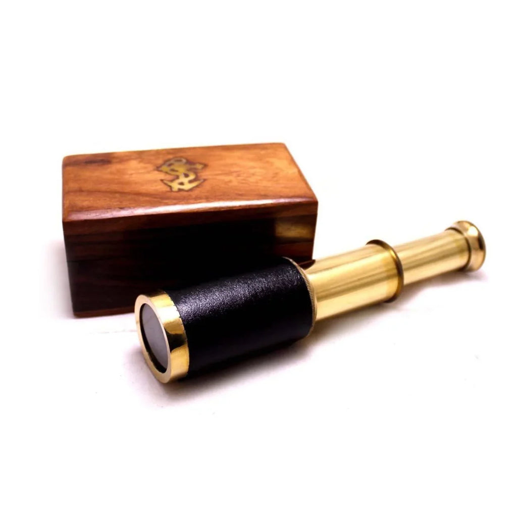 Small Brass Telescope with Pullout Wooden Box Gold and Brown - Saltoro Sherpi