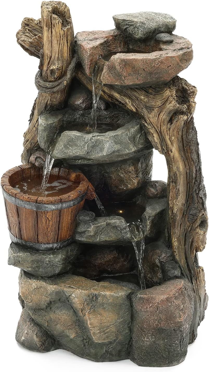 Resin Stacked Rock Wall And Barrel Outdoor Fountain With LED Lights