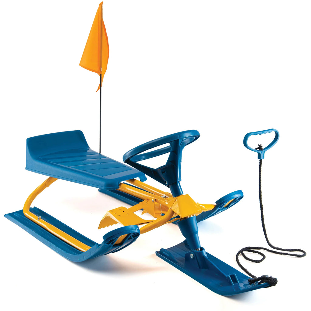 Machrus Frost Rush Snow Sled with Steering Wheel, Twin Brakes, Pull Rope & Safety Flag - Winter Racer Snow Sled for Kids and Adults for Sledding