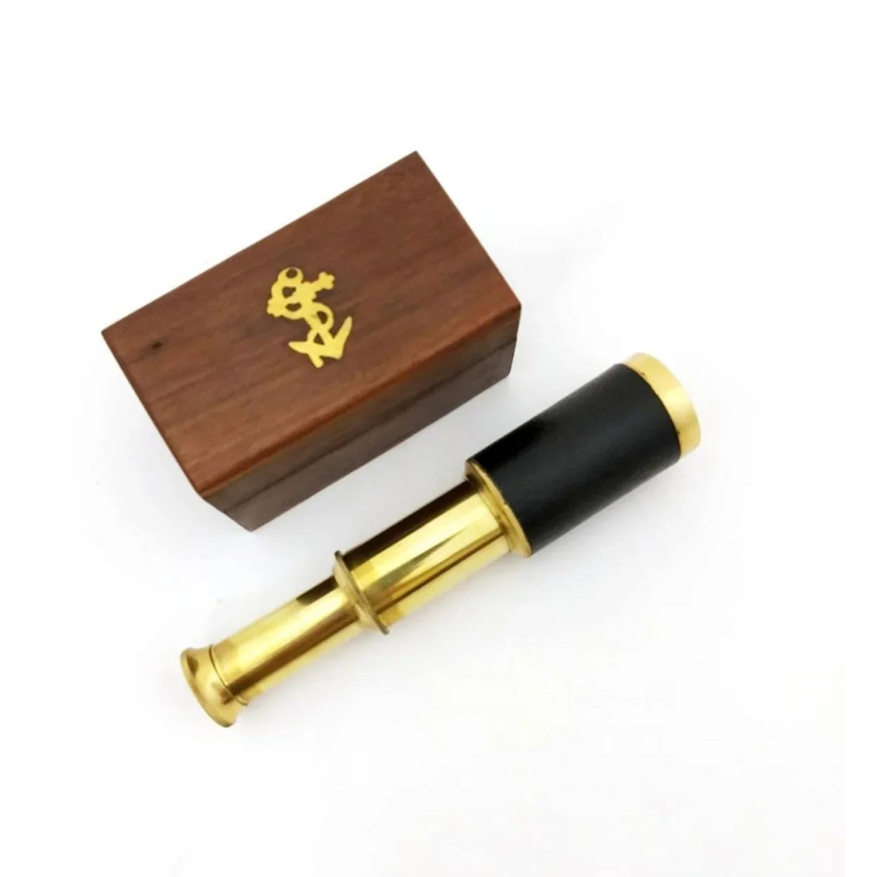 Small Brass Telescope with Pullout Wooden Box Gold and Brown - Saltoro Sherpi