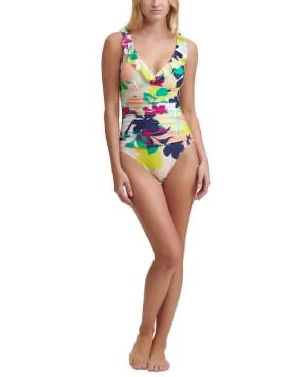 DKNY NAVY MULTI Printed Ruffled One Piece Swimsuit, US 6