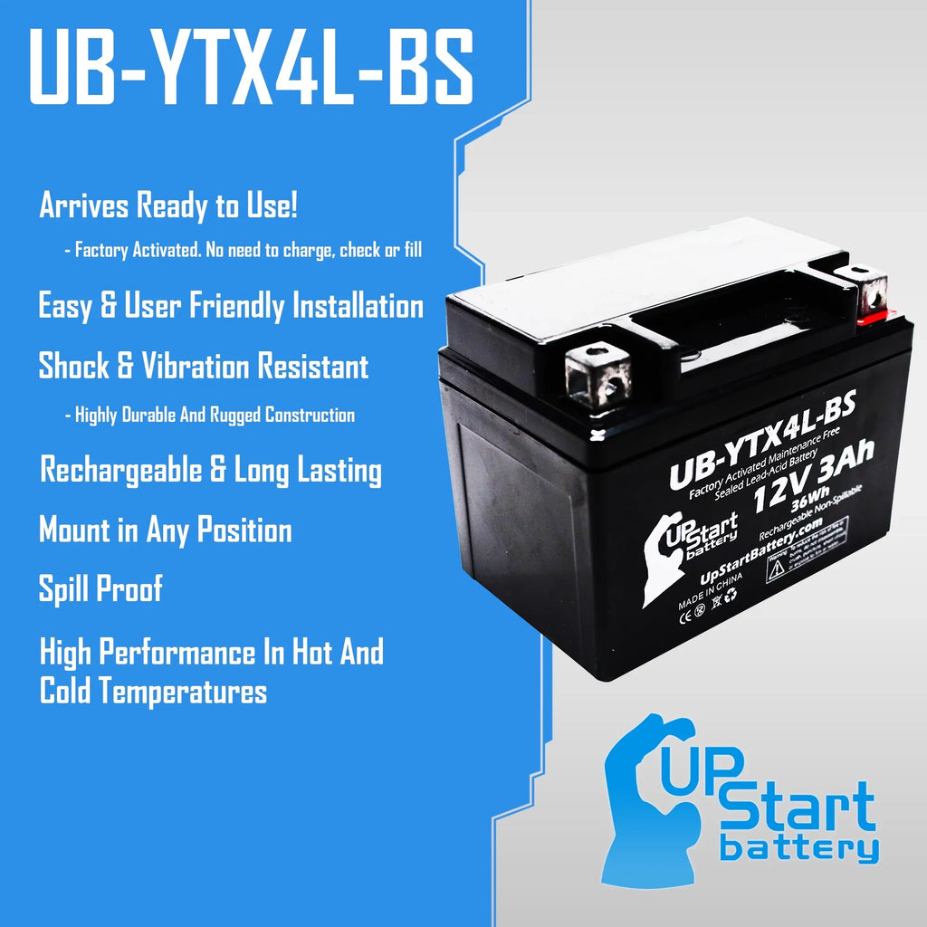 Replacement 2002 Bombardier (Can-Am) DS50, Quest 50CC Factory Activated, Maintenance Free, ATV Battery - 12V, 3Ah, UB-YTX4L-BS
