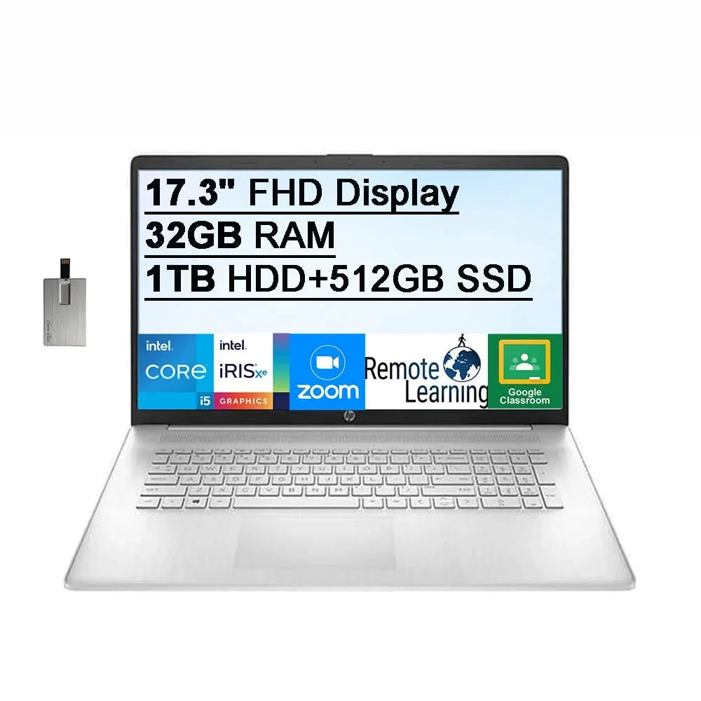 2021 HP 17.3" FHD IPS 250 Nits Laptop Computer, Intel Core i5-1155G7 Processor, 32GB RAM, 1TB HDD+512GB SSD, Backlit Keyboard, Intel Iris Xe Graphics, HD Webcam, HD Audio, Win11, Silver, 32GB USB Card