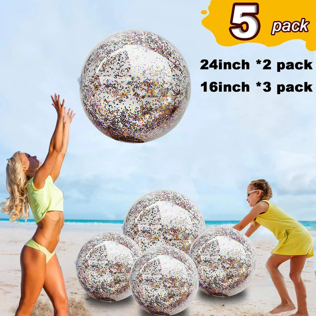 Junipel InfLatitudeable Beach Glitter Ball with Confetti 16 & 24 Inch Premium Beach Theme Water Sand Toy for Beach Party Decoration, Pool Party Supplies Summer Beach Balls -Set of 6 |