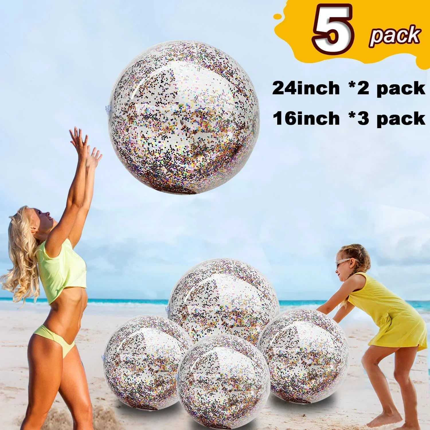 Junipel InfLatitudeable Beach Glitter Ball with Confetti 16 & 24 Inch Premium Beach Theme Water Sand Toy for Beach Party Decoration, Pool Party Supplies Summer Beach Balls -Set of 6 |
