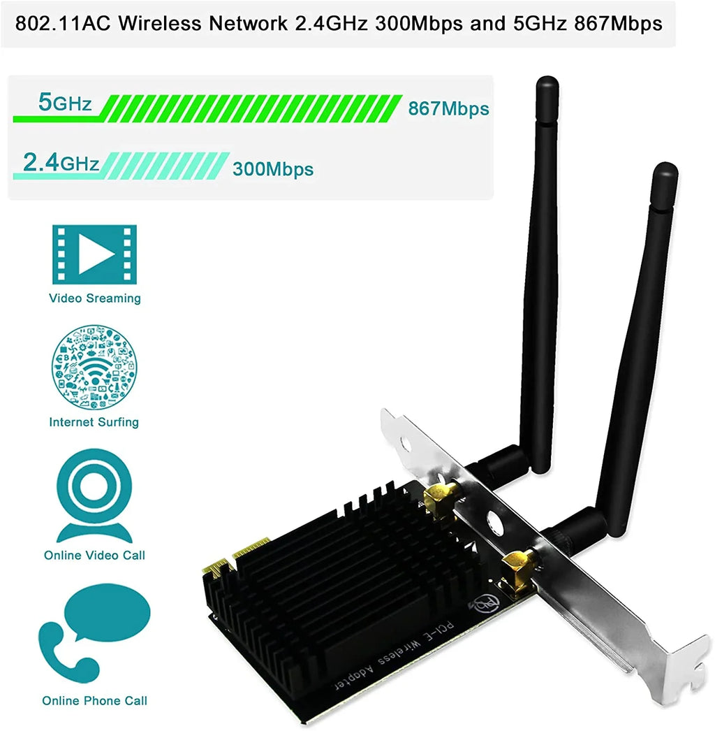 Wireless AC Dual Band 1200Mbps 2.4GHz 300Mbps 5GHz 867Mbps PCI Express WiFi Card for Windows 7 8 8.1 10 Server (32/64bit) Desktop PCs-TX Beamformee,MU-MIMO and Heatsink Technology