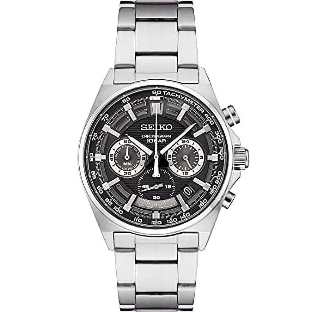 Seiko Essentials Mens Black Dial Stainless Chronograph Quartz Watch SSB397