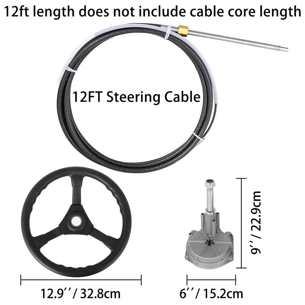 VEVORbrand Boat Steering Cable 12 Ft. Outboard 12 Ft. Mechanical Rotary with 13 In. Wheel, Boat Accessories