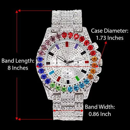 Charles Raymond Iced Out Mens Color on Blast Watch Single or Combo Sets with Blinged Out Bracelets Set. Iced Out Colourful Rainbow Flame Collection (ST10327CO-ZZ SLV)