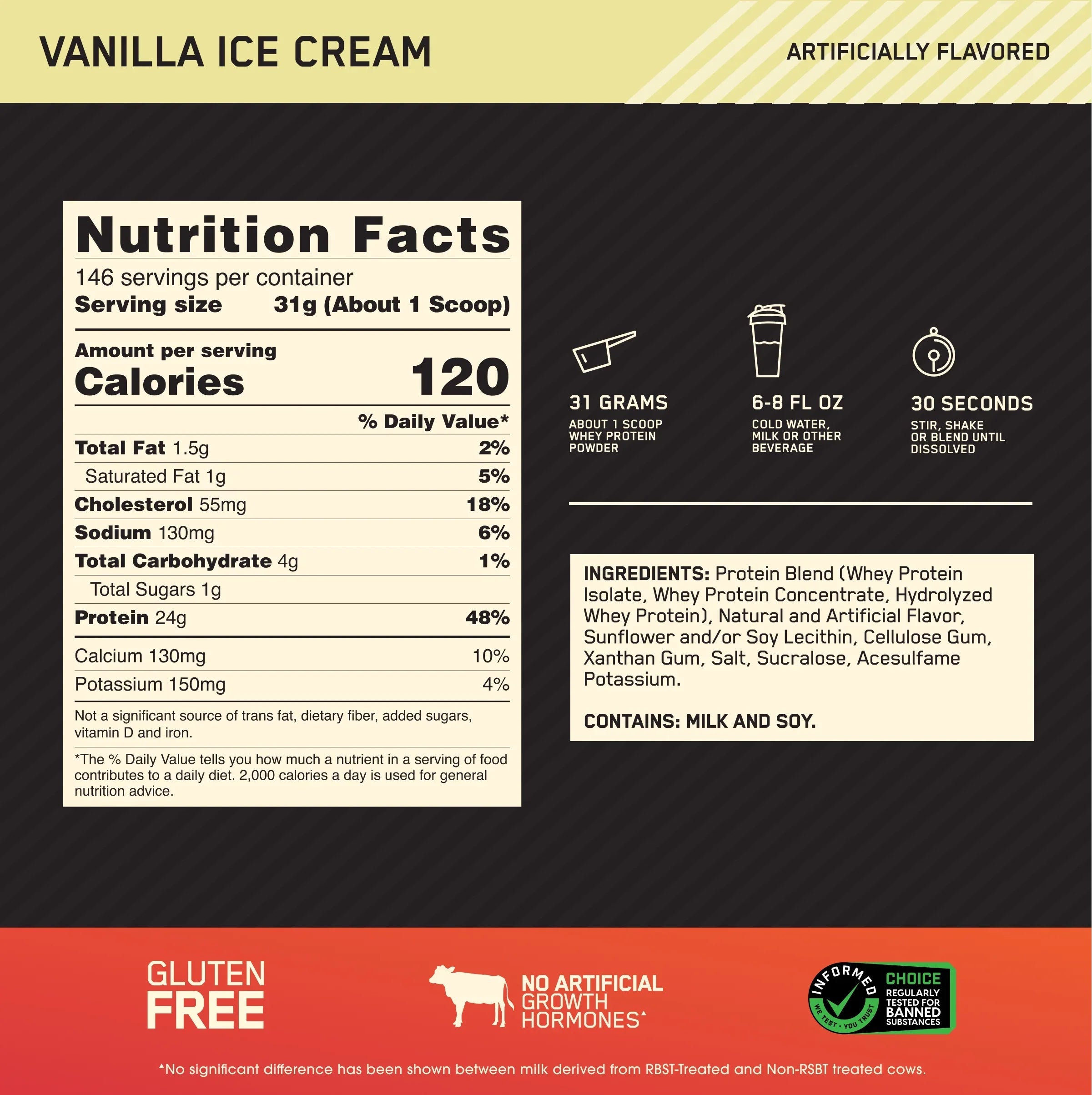Optimum Nutrition, Gold Standard 100% Whey Protein Powder, Vanilla Ice Cream, 9.98 lb, 146 Servings