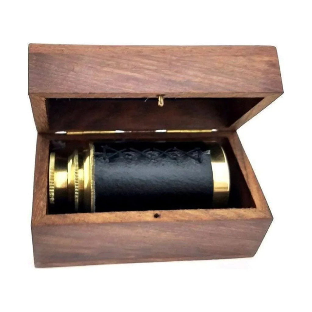 Small Brass Telescope with Pullout Wooden Box Gold and Brown - Saltoro Sherpi