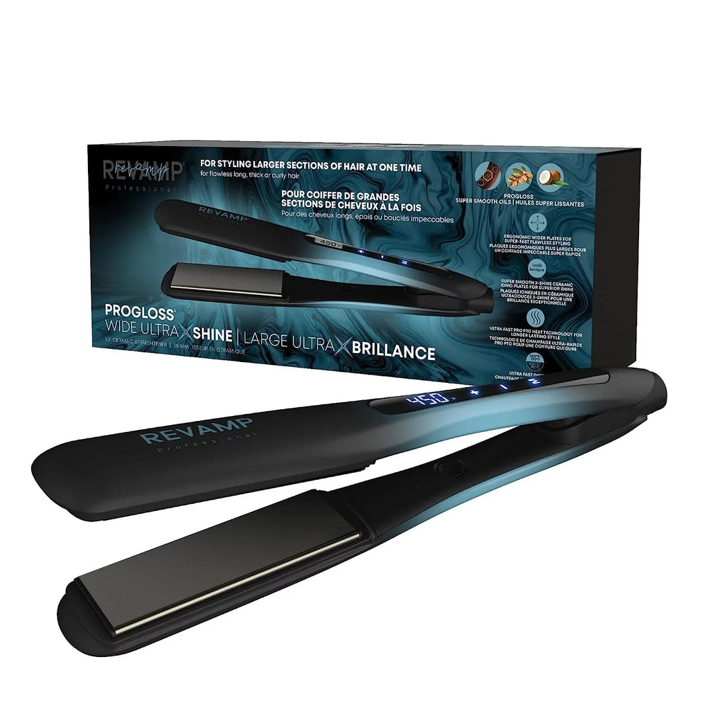 Revamp Progloss Wide Ultra X Shine 1.5-Inch FLatitude Iron Hair Straightener – Ceramic Hair Straightener with Keratin, Argan & Coconut Oil Infpre-owned Ceramic & Ionic PLatitudees, Ideal for Long, Thick, Curly Hair