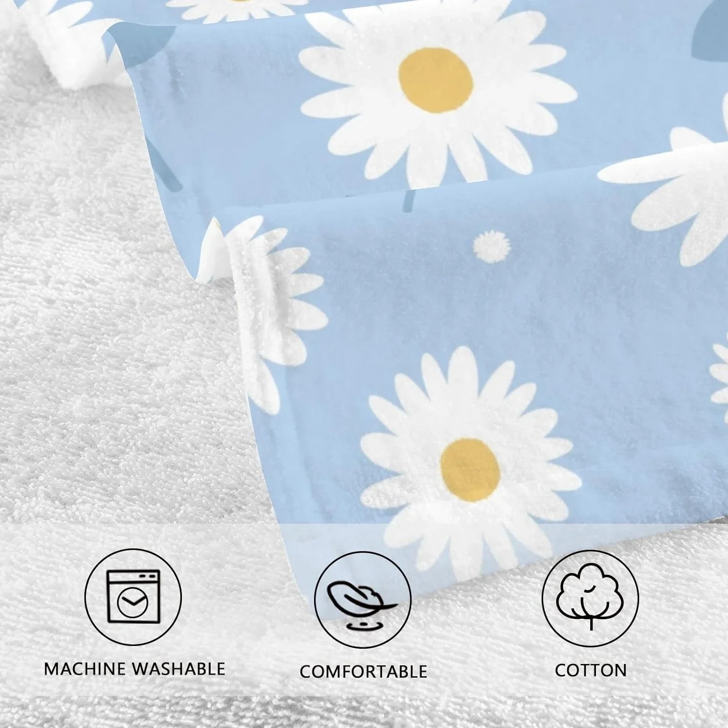 Wellsay Face Hand Towel Set Daisy Flower Blue Cotton Washcloths, Quick-Dry Highly Absorbent Bath Towel- Pack of 2