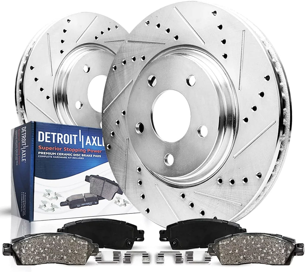 Detroit Axle - Front Brake Kit for Dodge Grand Caravan Journey Chrysler Town & Country Routan Ram C/V Drilled and Slotted Brake Rotors Ceramic Brakes Pads Replacement : 11.89" Front Rotors