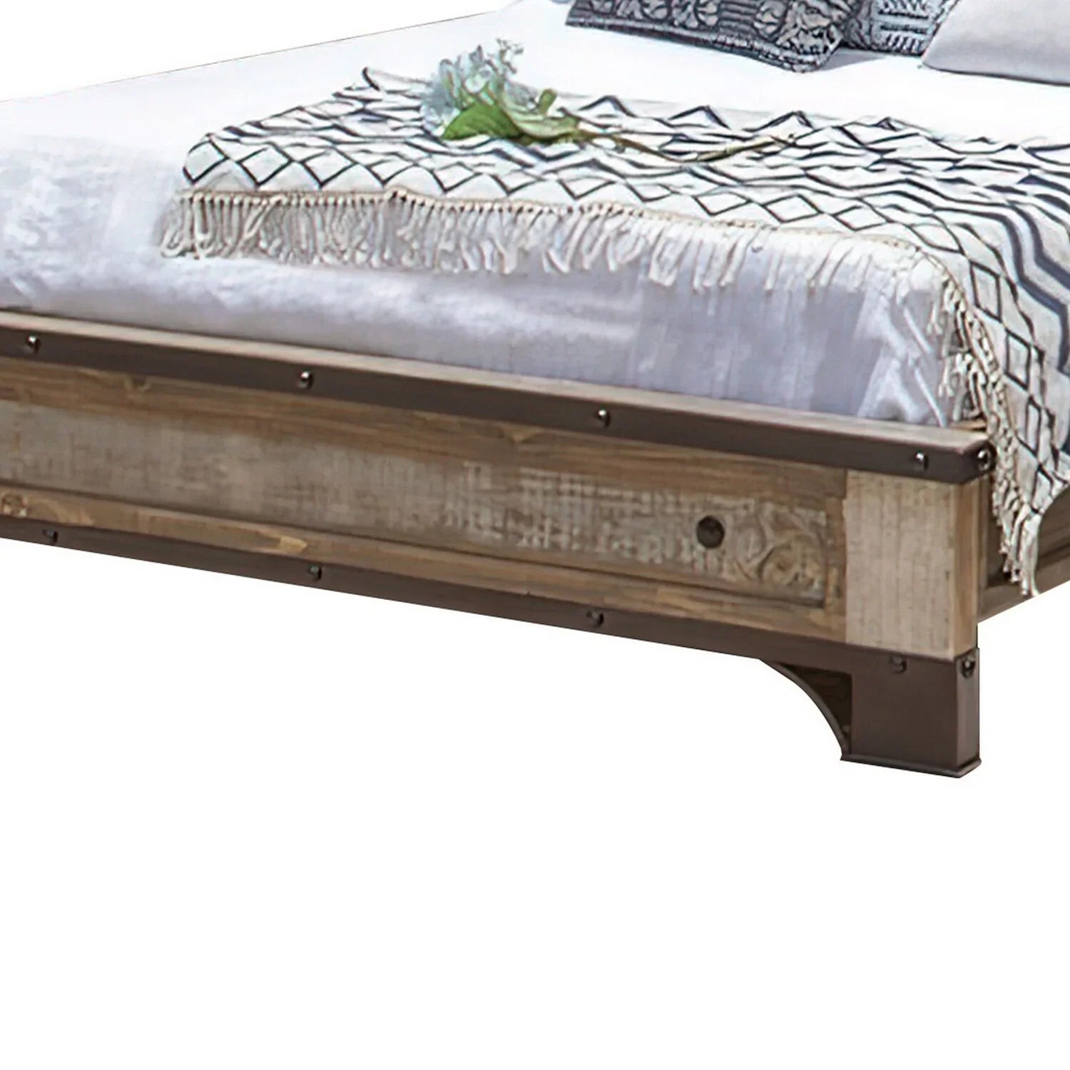 Benjara Fena King Size Bed, Round Black Nailheads, Distressed Wood Multicolor Brown