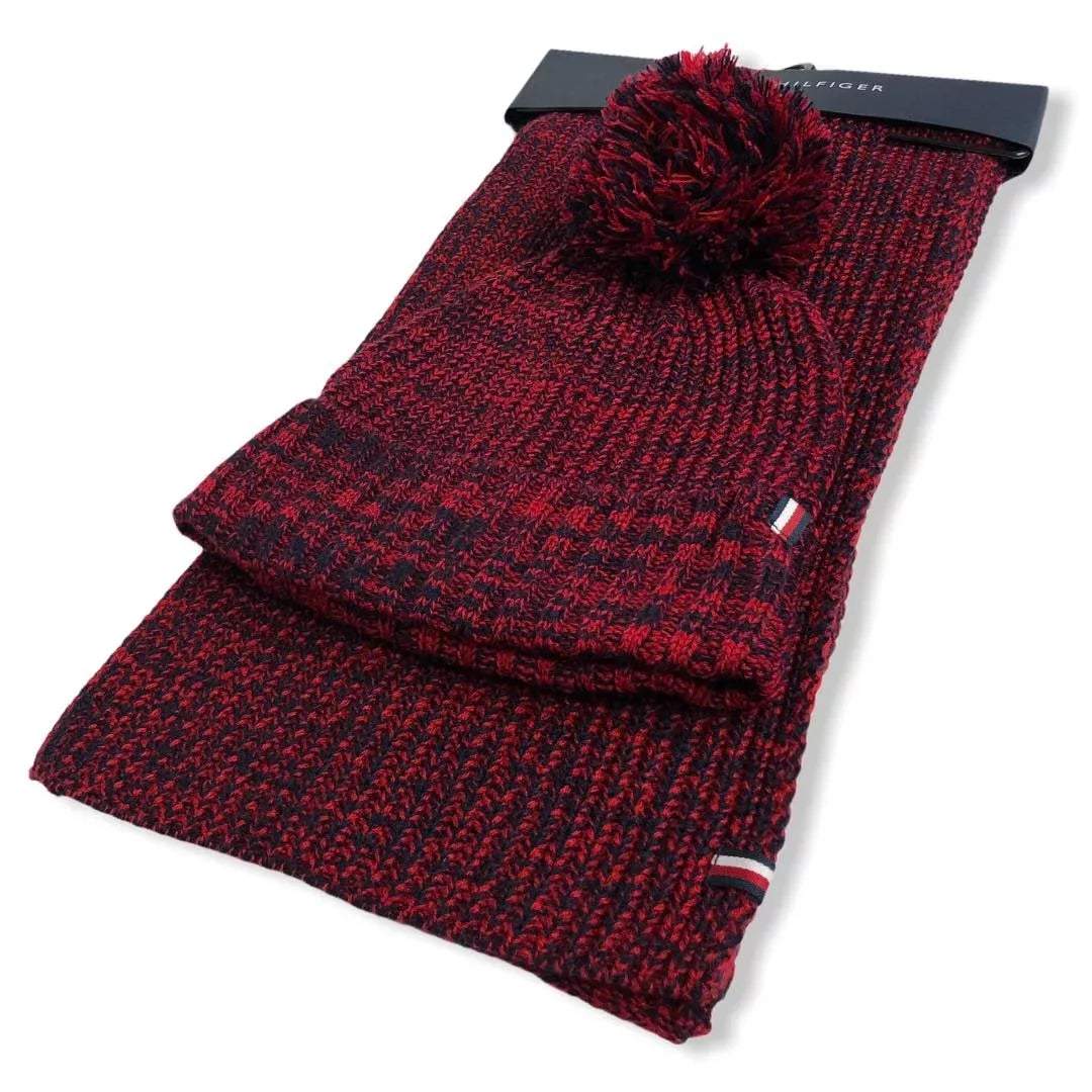 Tommy Hilfiger Logo Hat and Scarf Set Red  and Navy