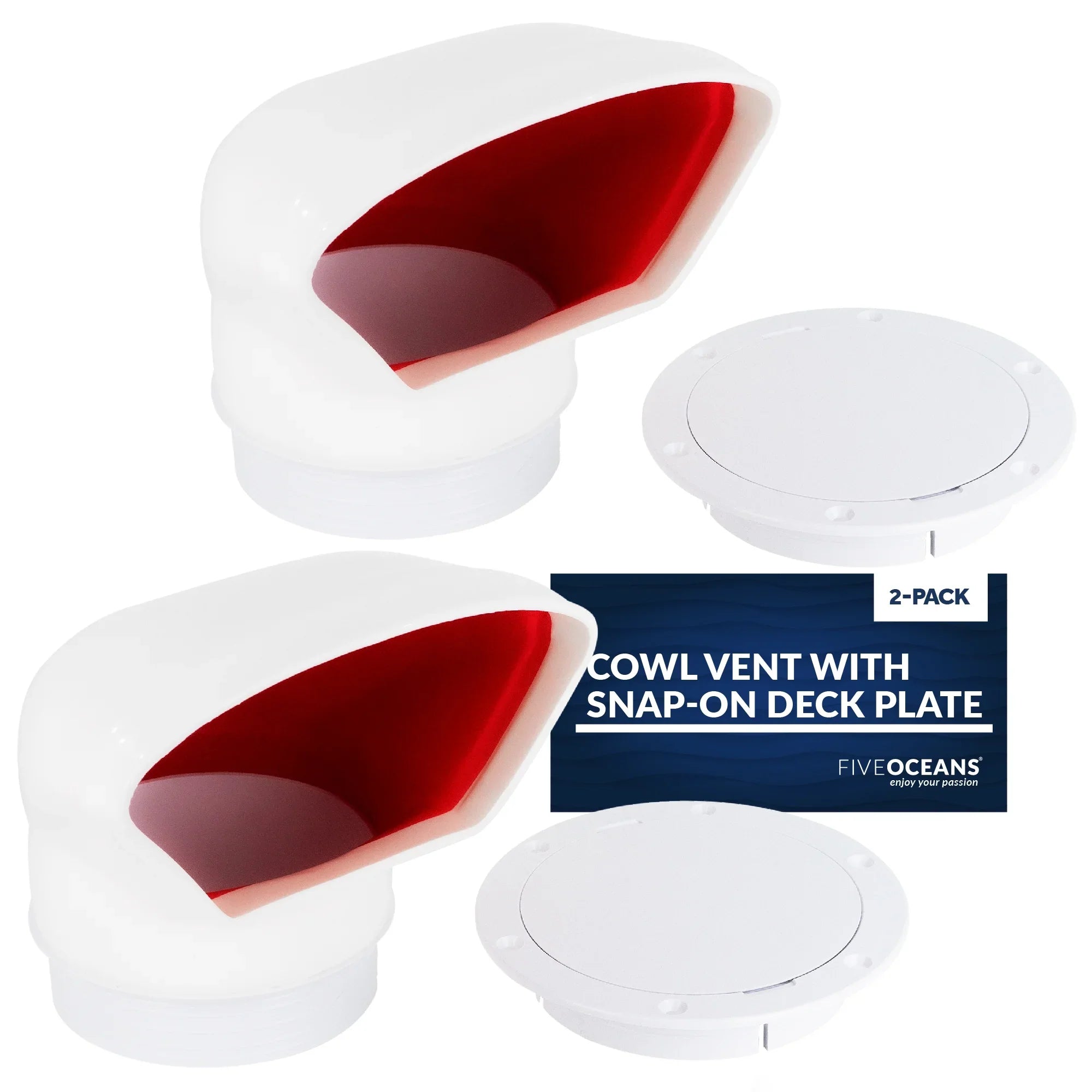 Five Oceans  3-Inch Cowl Vent with Snap-On Deck PLatitudee and Cover, 2 Pack Low Profile UV-Resistant and Flexible PVC, Red Interior, for Air Intake or Cabin VentiLatitudeion - FO88-M2