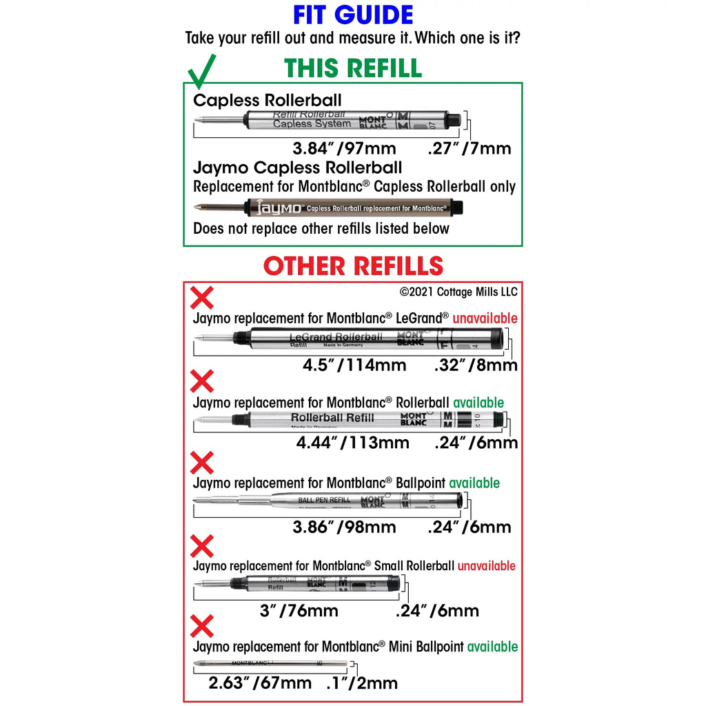 Jaymo Replacement for Montblanc 113777 - Measures 3.84 in / 97 mm Long - Capless Rollerball Pen Refill - 12 Black