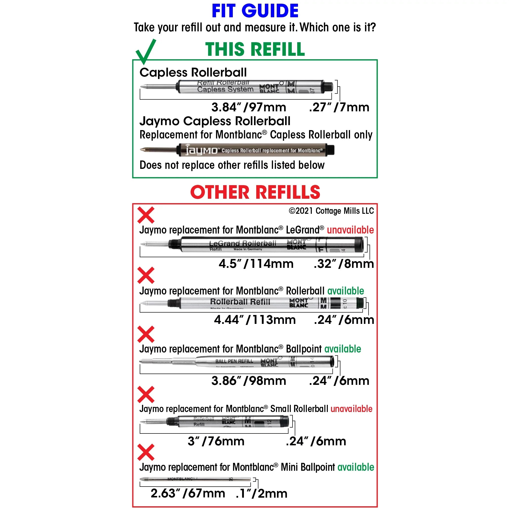 Jaymo Replacement for Montblanc 113777 - Measures 3.84 in / 97 mm Long - Capless Rollerball Pen Refill - 12 Black