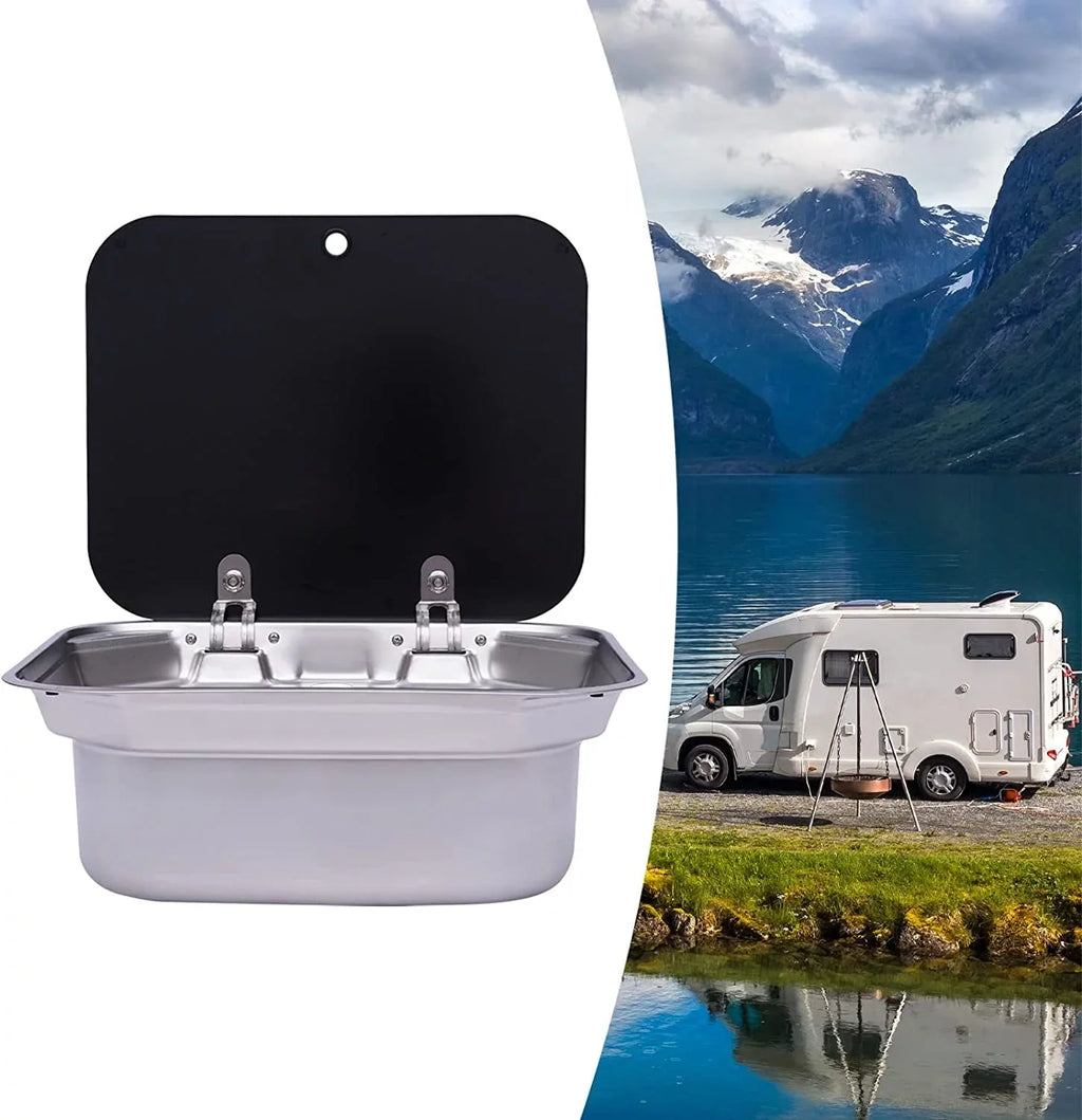 Miumaeov RV Kitchen Sink Stainless Steel Hand Wash Basin Sink With Tempered Glass Lid Outdoor RV Single Bowl Hand Wash Basin Sink For Caravan, Camper And Kitchen