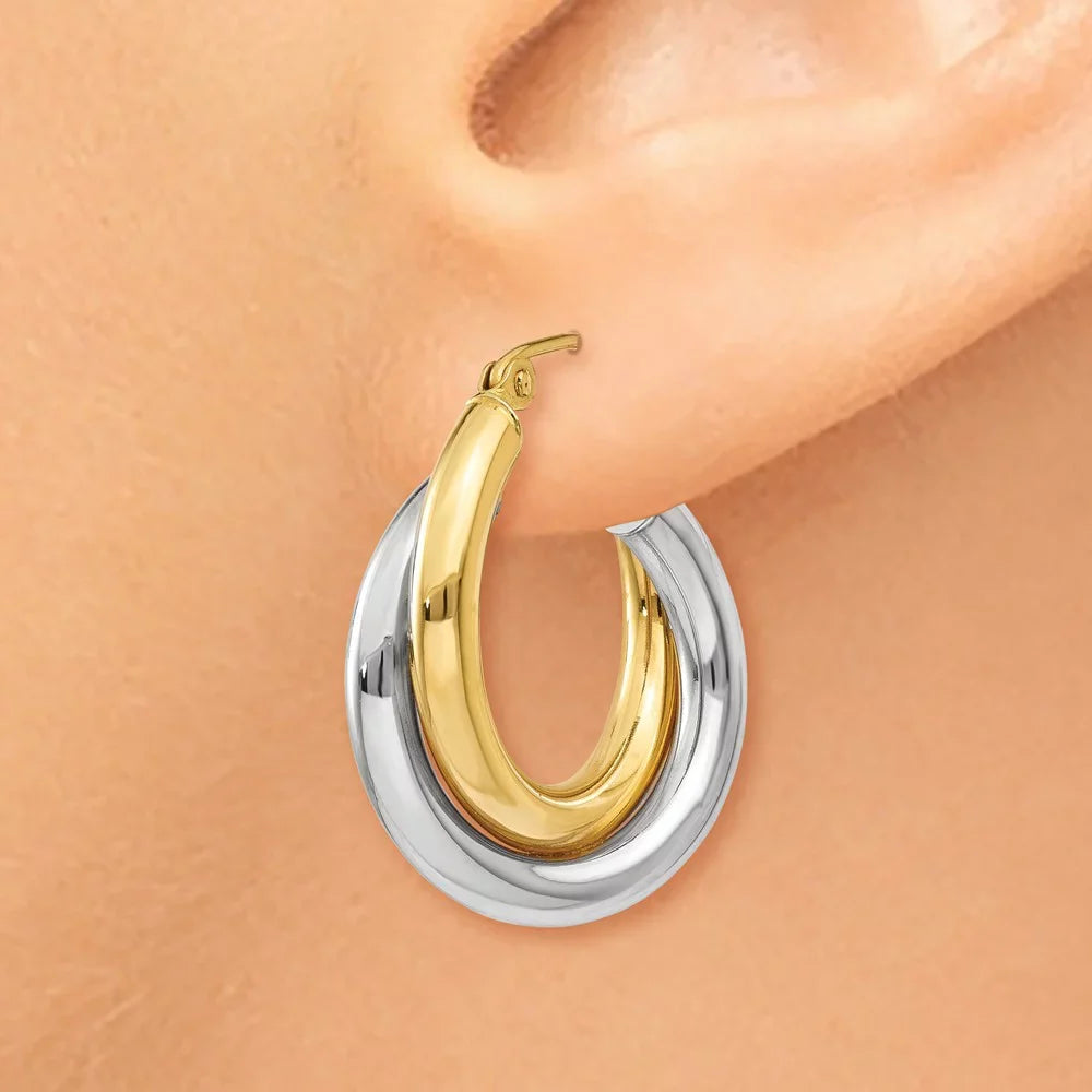 Real 14kt Two-tone Polished Double Tube Hoop Earrings; for Adults and Teens; for Women and Men