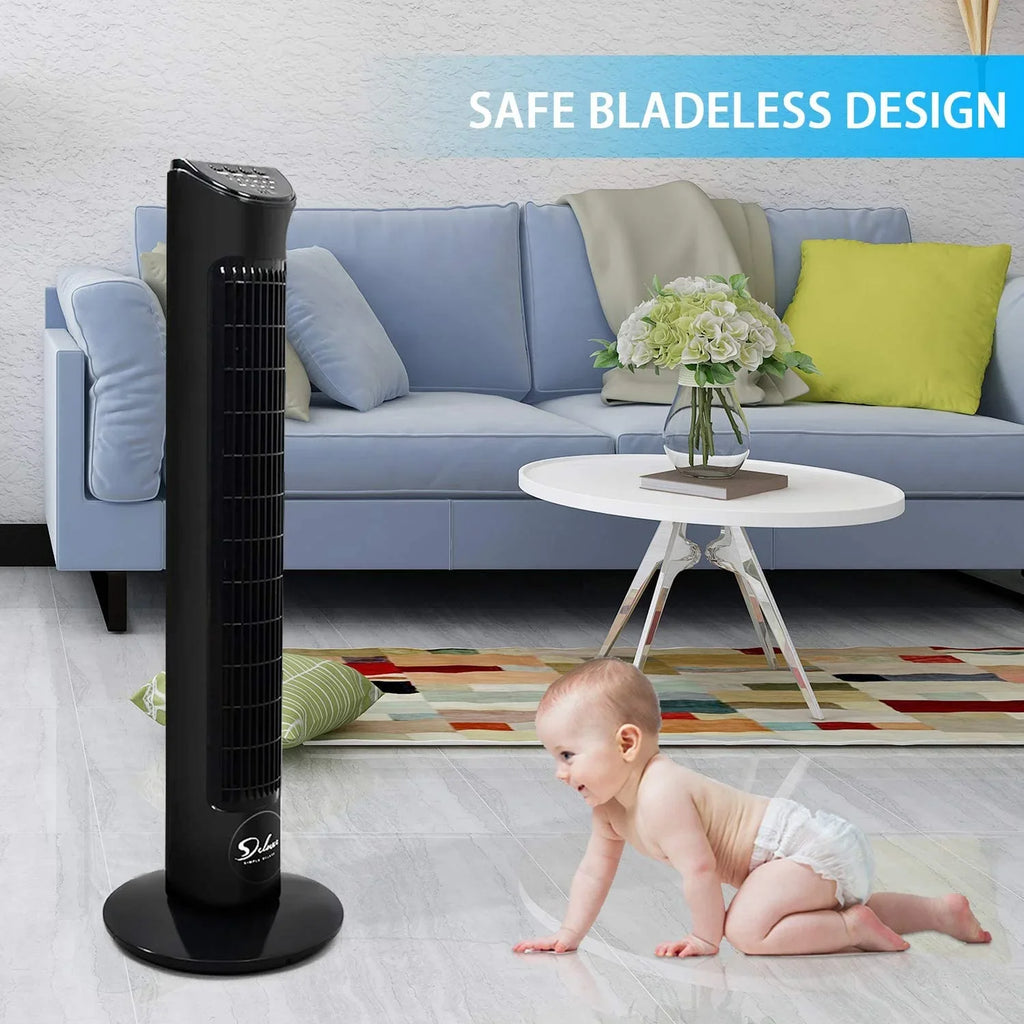 Simple Deluxe 32"Tower Fan with Remote, 90° OscilLatitudeing Fan with 4 Speeds, Bladeless Fan, Standing Floor Fans, Black