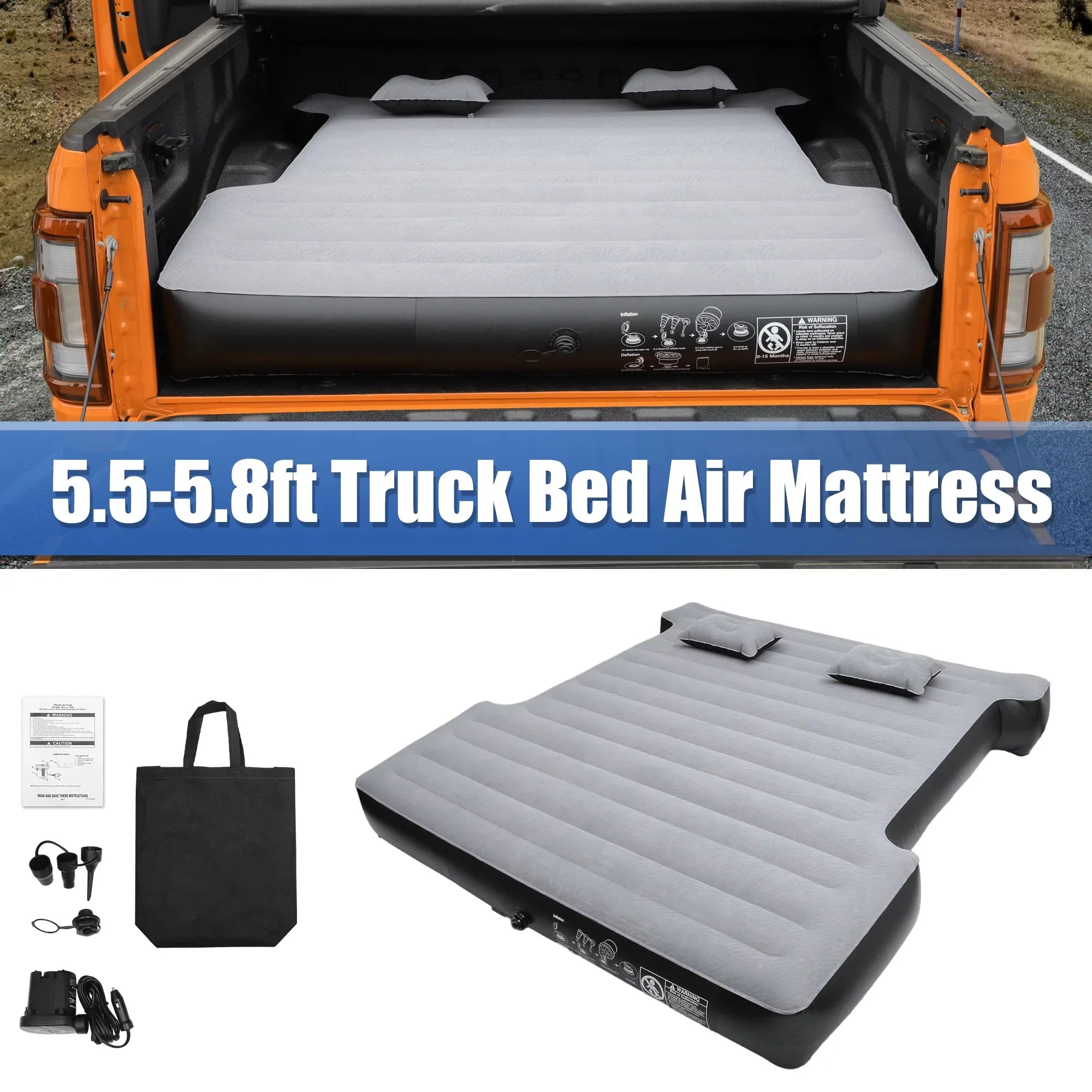 Unique Bargains Universal InfLatitudeable Thickened 5.5-5.8ft Full-Size Short Truck Bed Kit PVC with Electric Air Pump Gray