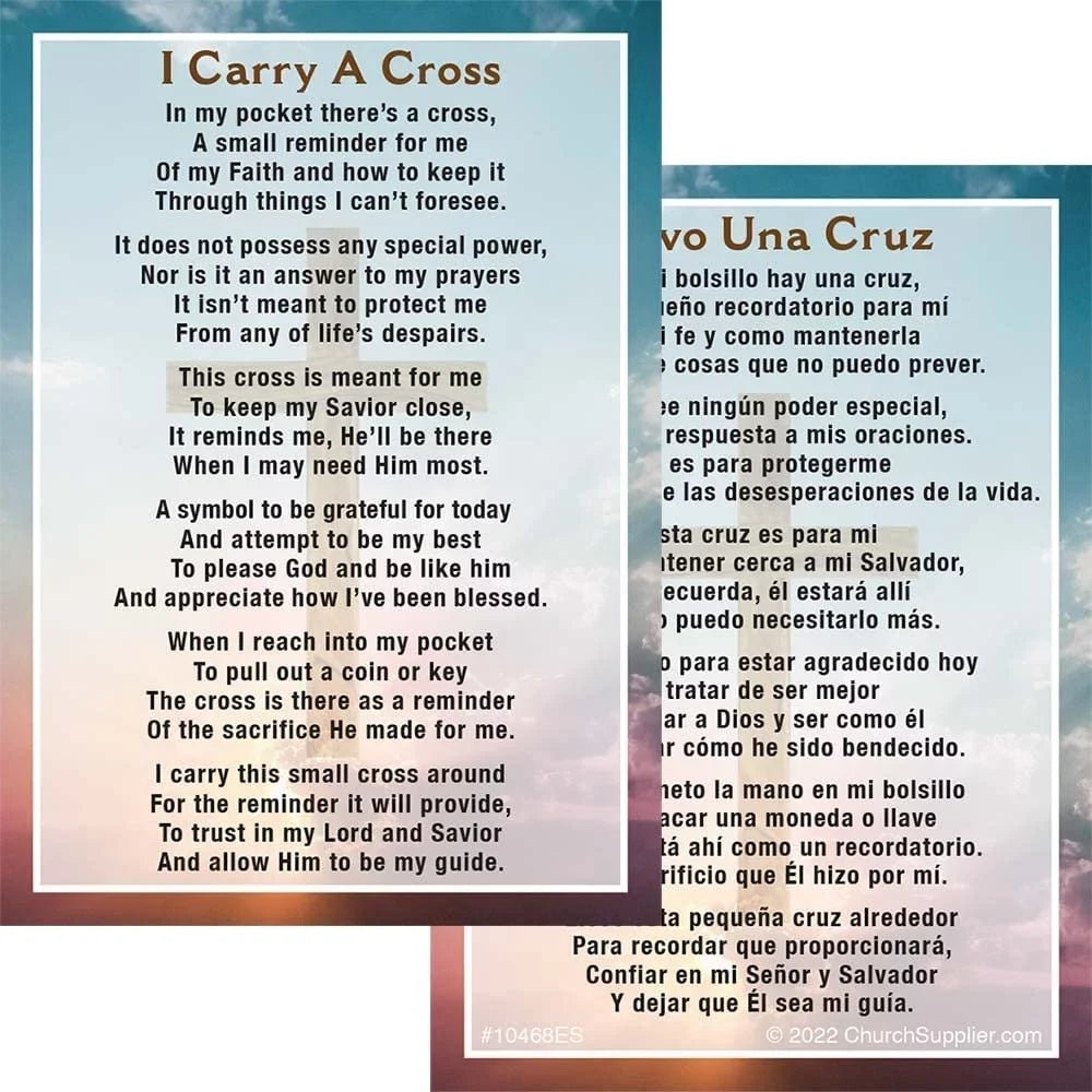 Bilingual I Carry A Cross - Llevo Una Cruz Pocket Prayer Card Pack of 100