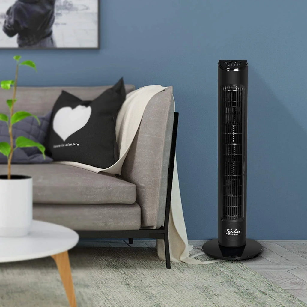 Simple Deluxe 32"Tower Fan with Remote, 90° OscilLatitudeing Fan with 4 Speeds, Bladeless Fan, Standing Floor Fans, Black