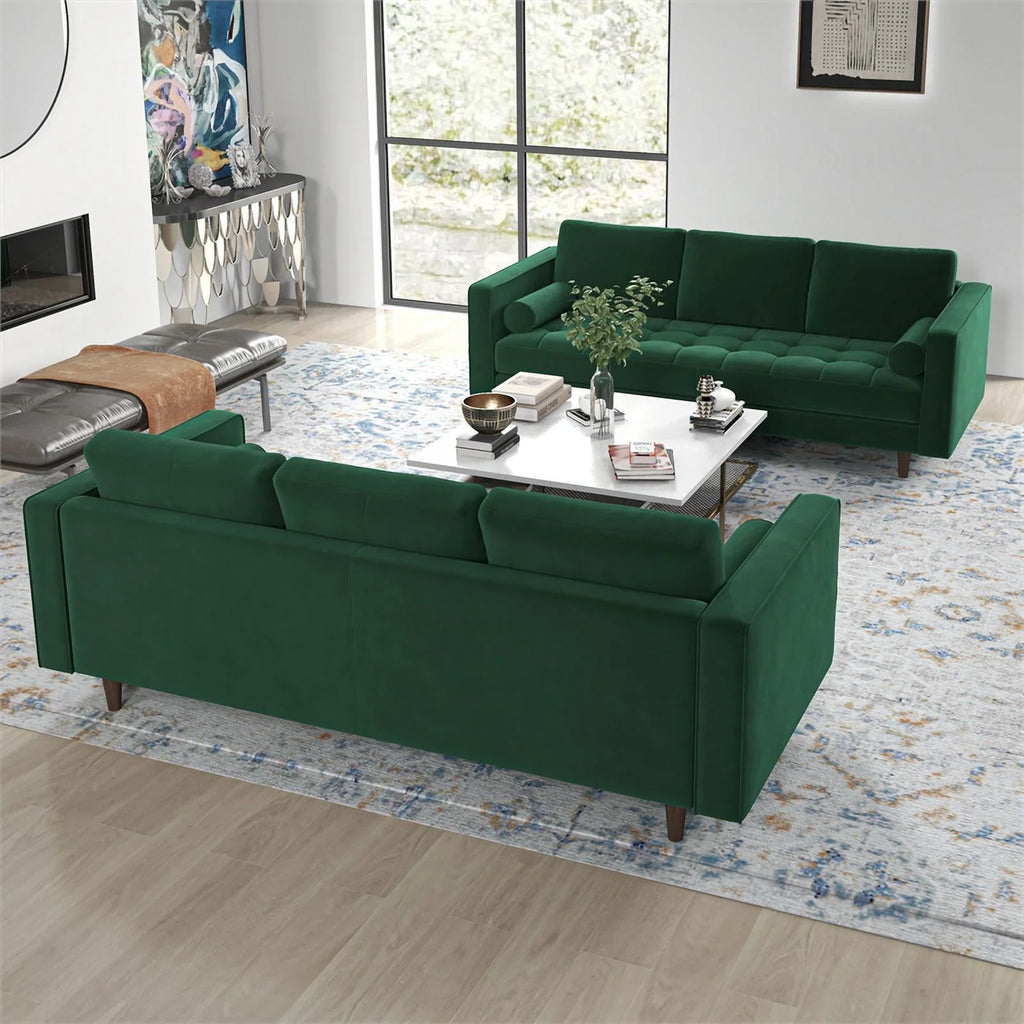 Tahir Mid-Century Pillow Back Velvet Sofa Set in Green