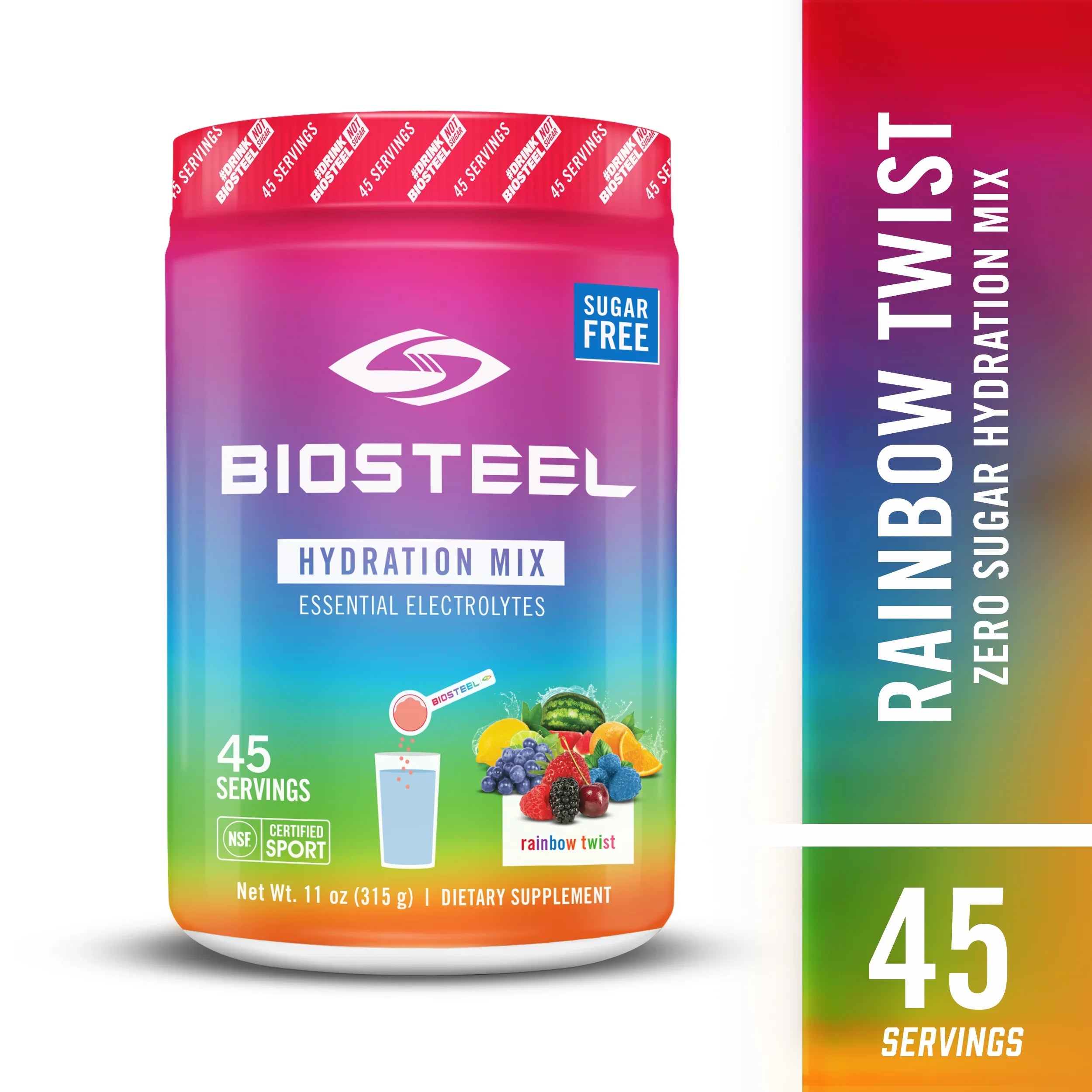 BioSteel Zero Sugar Hydration Mix, Great Tasting Hydration with 5 Essential Electrolytes, Rainbow Twist Flavor, 45 Servings per Tub
