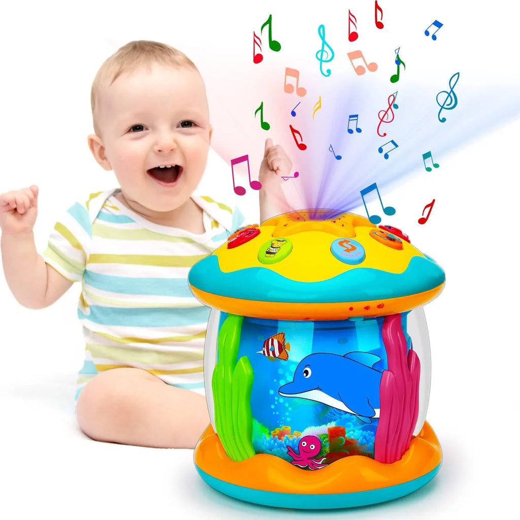 ISHANTECH Baby Toys 6 to 12 Months 4 in 1 Musical Projector Ocean Rotating Tummy Time Learning Crawling Light Up Toys