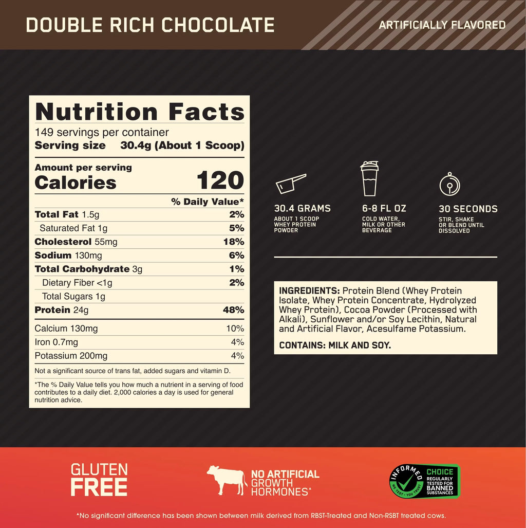Optimum Nutrition, Gold Standard 100% Whey Protein Powder, Double Rich ChocoLatitudee, 10 lb, 149 Servings