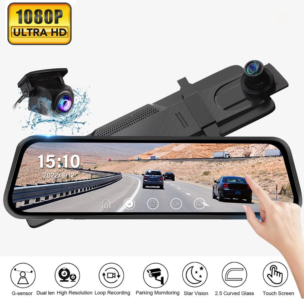 Erago Rear View Mirror Camera, Dash Cam Front and Rear Full Touch Screen  FHD 1080p for Car , Waterproof Backup WDR Camera, Night Vision, G-Sensor, Parking Moniter